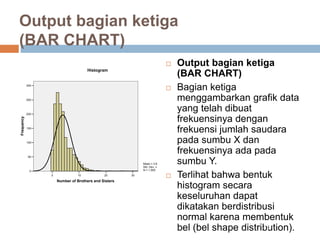 Output bagian ketiga
(BAR CHART)
 Output bagian ketiga
(BAR CHART)
 Bagian ketiga
menggambarkan grafik data
yang telah dibuat
frekuensinya dengan
frekuensi jumlah saudara
pada sumbu X dan
frekuensinya ada pada
sumbu Y.
 Terlihat bahwa bentuk
histogram secara
keseluruhan dapat
dikatakan berdistribusi
normal karena membentuk
bel (bel shape distribution).16
3020100
Number of Brothers and Sisters
300
250
200
150
100
50
0
Frequency
Mean = 3.93
Std. Dev. = 3.047
N = 1,505
Histogram
 