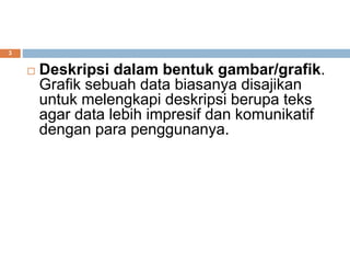 3
 Deskripsi dalam bentuk gambar/grafik.
Grafik sebuah data biasanya disajikan
untuk melengkapi deskripsi berupa teks
agar data lebih impresif dan komunikatif
dengan para penggunanya.
 