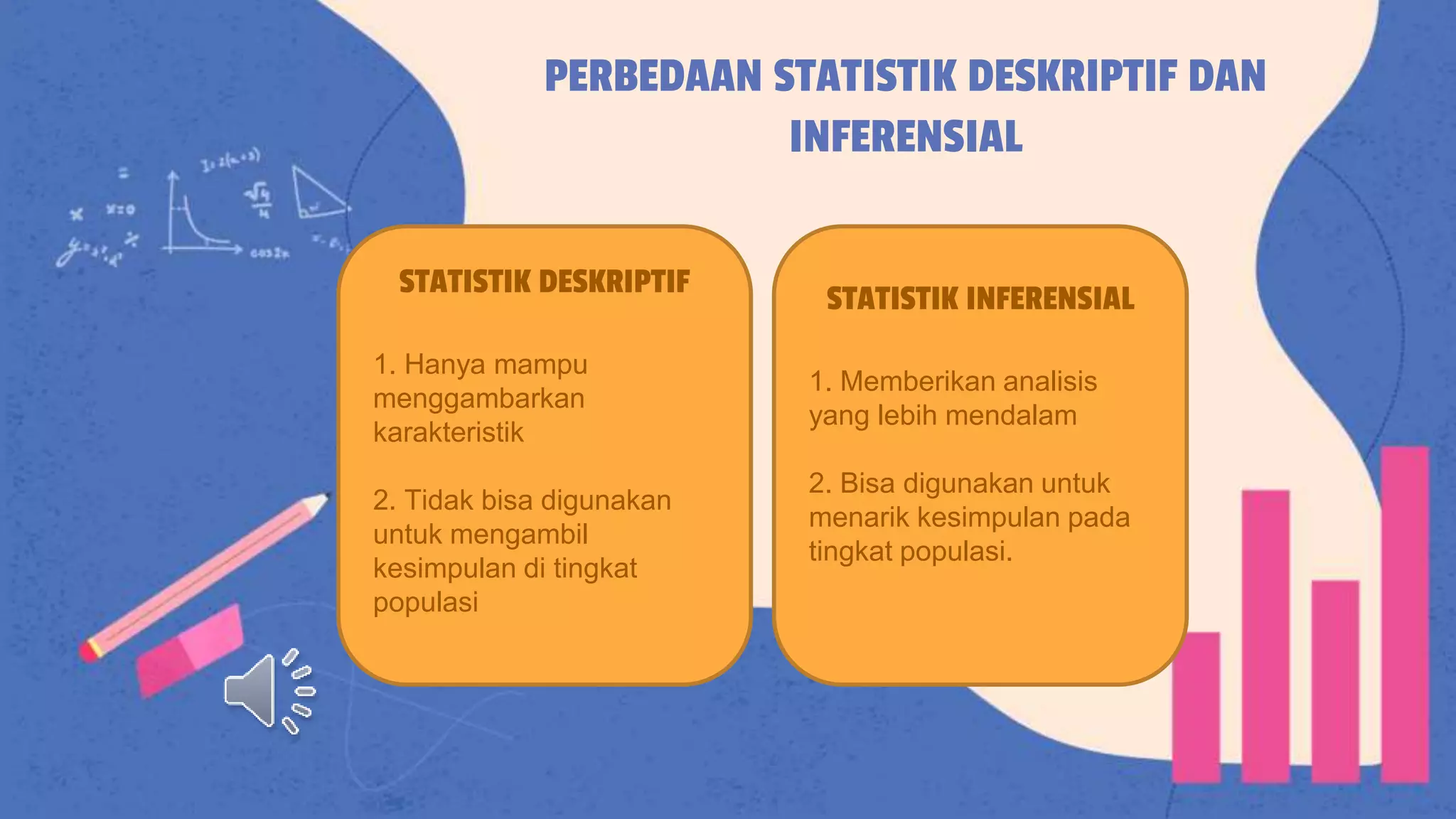 PERBEDAAN STATISTIK DESKRIPTIF DAN
INFERENSIAL
STATISTIK DESKRIPTIF
1. Hanya mampu
menggambarkan
karakteristik
2. Tidak bisa digunakan
untuk mengambil
kesimpulan di tingkat
populasi
STATISTIK INFERENSIAL
1. Memberikan analisis
yang lebih mendalam
2. Bisa digunakan untuk
menarik kesimpulan pada
tingkat populasi.
 