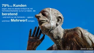 79%der Kunden
sagen, dass es absolut kritisch ist, mit
Vertriebsmitarbeiter zu tun zu haben, die
beratend
- und nicht nur als Verkäufer – agieren
und ihnen Mehrwert bringen.
@STATE OF SALES
 