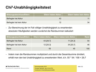 Seite 122
Fachbereich Wirtschaftswissenschaften
Chi²-Unabhängigkeitstest
 Zur Berechnung der im Fall völliger Unabhängigkeit zu erwartenden
absoluten Häufigkeiten werden zunächst die Randsummen kalkuliert
 Indem man die Randsummen multipliziert und durch die Gesamtsumme dividiert,
erhält man den bei Unabhängigkeit zu erwartenden Wert, d.h. 55 * 54 / 100 = 29,7
Sommersemester 2016
Christian Reinboth, Dipl.-Wi.Inf.(FH)
Bildungsabschluss/Eltern Eltern haben Abitur Eltern haben kein Abitur
Befragter hat Abitur 43 11
Befragter hat kein Abitur 12 34
Bildungsabschluss/Eltern Eltern haben Abitur Eltern haben kein Abitur Rand
Befragter hat Abitur 43 [29,7] 11 [24,3] 54
Befragter hat kein Abitur 12 [25,3] 34 [20,7] 46
Rand 55 45 100
 