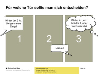 Seite 144
Fachbereich Wirtschaftswissenschaften
Für welche Tür sollte man sich entscheiden?
Sommersemester 2016
Christian Reinboth, Dipl.-Wi.Inf.(FH)
1 2 3
Hinter der 3 ist
übrigens eine
Ziege!
Määäh!
Bleibe ich jetzt
bei der 1, oder
wechsele ich?
 