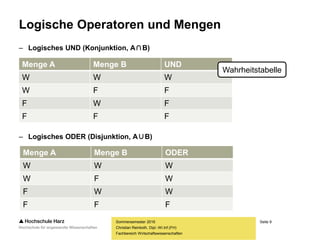 Seite 9
Fachbereich Wirtschaftswissenschaften
Logische Operatoren und Mengen
– Logisches UND (Konjunktion, A∩B)
– Logisches ODER (Disjunktion, A∪B)
Sommersemester 2016
Christian Reinboth, Dipl.-Wi.Inf.(FH)
Menge A Menge B UND
W W W
W F F
F W F
F F F
Wahrheitstabelle
Menge A Menge B ODER
W W W
W F W
F W W
F F F
 