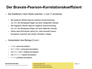 Seite 112
Fachbereich Wirtschaftswissenschaften
Der Bravais-Pearson-Korrelationskoeffizient
– Für metrisch skalierte Merkmale wird in den meisten Fällen der Bravais-Pearson-
Korrelationskoeffizient berechnet (obwohl auch andere Koeffizienten möglich sind)
– Bei der Interpretation zu beachten: Der Bravais-Pearson-Korrelationskoeffizient
misst ausschließlich den linearen Zusammenhang zwischen zwei Variablen
– Nicht-lineare (z.B. quadratische oder logarithmische) Zusammenhänge werden
somit nicht aufgedeckt, auch wenn sie stark oder sogar vollkommen sein sollten
Sommersemester 2016
Christian Reinboth, Dipl.-Wi.Inf.(FH)







n
i
i
n
i
i
n
i
ii
ynyxnx
yxnyx
r
1
22
1
22
1
*)(**)(
**)*(
 