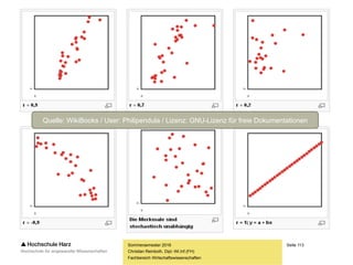 Seite 113
Fachbereich Wirtschaftswissenschaften
Der Bravais-Pearson-Korrelationskoeffizient
– Der Koeffizient r kann Werte zwischen -1 und +1 annehmen
– Bei positiven Werten liegt ein positiver Zusammenhang
vor, d.h. die Wertepaare liegen auf einer steigenden Gerade
– Bei negativen Werten liegt ein negativer Zusammenhang
vor, d.h. die Wertepaare liegen auf einer fallenden Gerade
– Werte nahe Null deuten darauf hin, dass keinerlei lineare
Korrelation zwischen den beiden Variablen vorliegt
– Interpretation des Betrags (!) von r
– r = 0 = keine Korrelation
– 0 < r < 0,5 = schwache Korrelation
– 0,5 <= r < 0,8 = mittlere Korrelation
– 0,8 <= r < 1 = starke Korrelation
– r = 1 = perfekte Korrelation
Sommersemester 2016
Christian Reinboth, Dipl.-Wi.Inf.(FH)
 