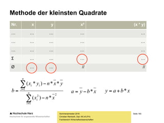 Seite 160
Fachbereich Wirtschaftswissenschaften
Methode der kleinsten Quadrate
– Lösungsansatz: Minimierung der Summe der quadrierten Abweichungen
(der Geraden von den Werten) = Methode der kleinsten Quadrate (MdkQ)
– Die Methode der kleinsten Quadrate zielt – wie auch die intuitive Methode
der simplen Abstandsminimierung – auf die Minimierung der senkrechten
Abstände der realen Werte von der Gerade ab
– Die Abstände werden jedoch quadriert, so dass negative Vorzeichen wegfallen,
wodurch die Kompensation negativer und positiver Abstände vermieden wird
– Schlussendlich wird diejenige Gerade selektiert, bei der die Summe der quadrierten
Abstände minimal wird -> sie ist die an die realen Werte bestangepasste Gerade
Sommersemester 2016
Christian Reinboth, Dipl.-Wi.Inf.(FH)
 