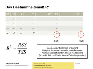 Seite 170
Fachbereich Wirtschaftswissenschaften
Sommersemester 2016
Christian Reinboth, Dipl.-Wi.Inf.(FH)
(17;23.000)
(17; 15.285,71)
(17; 21.901,10)
Gesamte
Abweichung
Um wieviel besser wird die
Prognose durch das Modell?
y = -5.263,54 + 1.597,92 * x
Y-Durchschnittswert
(bester Schätzer)
Realer Wert im Datensatz
Über Y=f(X) berechneter
Wert (neuer Schätzer)
Nicht erklärte
Abweichung
Erklärte
Abweichung
 
