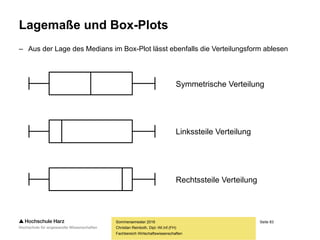 Seite 83
Fachbereich Wirtschaftswissenschaften
Schiefe und Wölbung
– Kurtosis / Exzeß
– Abweichung der Wölbung von der einer Normalverteilung
– Es ergeben sich positive Werte für spitze Verteilungen
und negative Werte für flache Verteilungen
Sommersemester 2016
Christian Reinboth, Dipl.-Wi.Inf.(FH)
4
1
24
1
4
4
4
4
)(
1
)(
1
3















n
i
i
n
j
j
k
xx
n
s
xx
n
m
s
m
g
Auch die Kurtosis
ist nur bei einer
unimodalen
Verteilung sinnvoll
interpretierbar
 