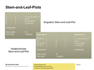 Seite 96
Fachbereich Wirtschaftswissenschaften
Stem-and-Leaf-Plots
– Die Stem-and-Leaf-Plots (Stamm-Blatt-Diagramme) eignen sich im Gegensatz
zu Kreis- und Balkendiagrammen vor allem zur Darstellung stetiger Merkmale
– Der große Vorteil gegenüber jeder anderen grafischen Darstellungsform ist,
dass die Originaldaten (zumindest bis zu einer gewissen Genauigkeit) noch aus
dem Diagramm abgelesen werden können
– Das Diagramm ist aufgebaut wie ein gekipptes Histogramm, d.h. flächenproportional
– Der „Stamm“ besteht aus der ersten Ziffer, die „Blätter“ aus der jeweils folgenden
– Sehr große oder sehr kleine Zahlen (Ausreißer) können auf- oder abgerundet
sowie als Extremwerte ausgewiesen oder aus der Grafik gestrichen werden
– Stem-and-Leaf-Plots können – neben Box-Plots – bemerkenswert gut
dazu genutzt werden, um zwei Verteilungen miteinander zu vergleichen
Sommersemester 2016
Christian Reinboth, Dipl.-Wi.Inf.(FH)
 