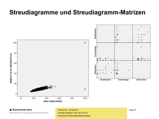 Seite 97
Fachbereich Wirtschaftswissenschaften
Stem-and-Leaf-Plots
Sommersemester 2016
Christian Reinboth, Dipl.-Wi.Inf.(FH)
1 | 1 1 1 2 2 3 4 5 7 7
2 | 2 2 4
3 | 3 3 3 4 5 8 8
4 | 1 2 9 9 9 9
2 Extremes
Stem width: 10
Each leaf: 1 case(s) Datensatz A Datensatz B
8 8 8 3 2 | 1 | 1 1 1 2 2 3 4 5 7 7
2 1 | 2 | 2 2 4
9 5 4 43 3 | 3 | 3 3 3 4 5 8 8
4 3 32 1 | 4 | 1 2 9 9 9 9
3 Extremes 2 Extremes
Stem width: 10
Each leaf: 1 case(s)
Singulärer Stem-and-Leaf-Plot
Vergleichender
Stem-and-Leaf-Plot
 