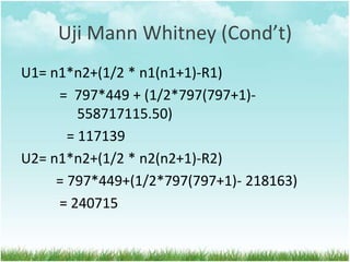 Uji Mann Whitney (Cond’t)
U1= n1*n2+(1/2 * n1(n1+1)-R1)
= 797*449 + (1/2*797(797+1)-
558717115.50)
= 117139
U2= n1*n2+(1/2 * n2(n2+1)-R2)
= 797*449+(1/2*797(797+1)- 218163)
= 240715
 