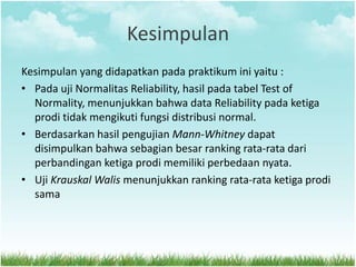 Kesimpulan
Kesimpulan yang didapatkan pada praktikum ini yaitu :
• Pada uji Normalitas Reliability, hasil pada tabel Test of
Normality, menunjukkan bahwa data Reliability pada ketiga
prodi tidak mengikuti fungsi distribusi normal.
• Berdasarkan hasil pengujian Mann-Whitney dapat
disimpulkan bahwa sebagian besar ranking rata-rata dari
perbandingan ketiga prodi memiliki perbedaan nyata.
• Uji Krauskal Walis menunjukkan ranking rata-rata ketiga prodi
sama
 