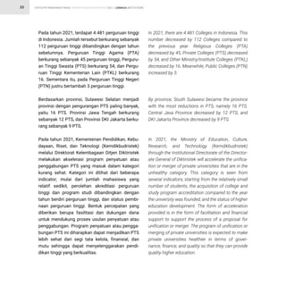 STATISTIK PENDIDIKAN TINGGI HIGHER EDUCATION STATISTIC 2021 |
23 LEMBAGA INSTITUTIONS
Pada tahun 2021, terdapat 4.481 perguruan tinggi
di Indonesia. Jumlah tersebut berkurang sebanyak
112 perguruan tinggi dibandingkan dengan tahun
sebelumnya. Perguruan Tinggi Agama (PTA)
berkurang sebanyak 45 perguruan tinggi, Perguru-
an Tinggi Swasta (PTS) berkurang 54, dan Pergu-
ruan Tinggi Kementerian Lain (PTKL) berkurang
16. Sementara itu, pada Perguruan Tinggi Negeri
(PTN) justru bertambah 3 perguruan tinggi.
Berdasarkan provinsi, Sulawesi Selatan menjadi
provinsi dengan pengurangan PTS paling banyak,
yaitu 16 PTS. Provinsi Jawa Tengah berkurang
sebanyak 12 PTS, dan Provinsi DKI Jakarta berku-
rang sebanyak 9 PTS.
Pada tahun 2021, Kementerian Pendidikan, Kebu-
dayaan, Riset, dan Teknologi (Kemdikbudristek)
melalui Direktorat Kelembagaan Ditjen Diktiristek
melakukan akselerasi program penyatuan atau
penggabungan PTS yang masuk dalam kategori
kurang sehat. Kategori ini dilihat dari beberapa
indicator; mulai dari jumlah mahasiswa yang
relatif sedikit, perolehan akreditasi perguruan
tinggi dan program studi dibandingkan dengan
tahun berdiri perguruan tinggi, dan status pembi-
naan perguruan tinggi. Bentuk percepatan yang
diberikan berupa fasilitasi dan dukungan dana
untuk mendukung proses usulan penyatuan atau
penggabungan. Program penyatuan atau pengga-
bungan PTS ini diharapkan dapat menjadikan PTS
lebih sehat dari segi tata kelola, finansial, dan
mutu sehingga dapat menyelenggarakan pendi-
dikan tinggi yang berkualitas.
In 2021, there are 4.481 Colleges in Indonesia. This
number decreased by 112 Colleges compared to
the previous year. Religious Colleges (PTA)
decreased by 45, Private Colleges (PTS) decreased
by 54, and Other Ministry/Institute Colleges (PTKL)
decreased by 16. Meanwhile, Public Colleges (PTN)
increased by 3.
By province, South Sulawesi became the province
with the most reductions in PTS, namely 16 PTS.
Central Java Province decreased by 12 PTS, and
DKI Jakarta Province decreased by 9 PTS.
In 2021, the Ministry of Education, Culture,
Research, and Technology (Kemdikbudristek)
through the Institutional Directorate of the Director-
ate General of Diktiristek will accelerate the unifica-
tion or merger of private universities that are in the
unhealthy category. This category is seen from
several indicators; starting from the relatively small
number of students, the acquisition of college and
study program accreditation compared to the year
the university was founded, and the status of higher
education development. The form of acceleration
provided is in the form of facilitation and financial
support to support the process of a proposal for
unification or merger. The program of unification or
merging of private universities is expected to make
private universities healthier in terms of gover-
nance, finance, and quality so that they can provide
quality higher education.
 