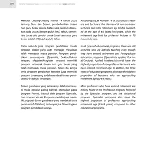 STATISTIK PENDIDIKAN TINGGI HIGHER EDUCATION STATISTIC 2021 |
221 DOSEN LECTURERS
Menurut Undang-Undang Nomor 14 tahun 2005
tentang Guru dan Dosen, pemberhentian dosen
non guru besar karena batas usia pensiun dilaku-
kan pada usia 65 (enam puluh lima) tahun, semen-
tara batas usia pensiun untuk dosen berstatus guru
besar adalah 70 (tujuh puluh) tahun.
Pada seluruh jenis program pendidikan, masih
terdapat dosen yang aktif mengajar meskipun
telah memasuki masa pensiun. Program pendi-
dikan pascasarjana (Spesialis, Doktor/Doktor
terapan, Magister/Magister terapan) memiliki
proporsi terbanyak dosen non guru besar yang
telah memasuki masa pensiun. Selain itu, ketiga
jenis program pendidikan tersebut juga memiliki
proporsi dosen yang sudah mendekati masa pensi-
un (60-64 tahun) terbanyak.
Dosen guru besar yang sebenarnya telah memasu-
ki masa pensiun paling banyak ditemukan pada
program Profesi, disusul oleh program Spesialis,
dan program Vokasi. Program spesialis juga memi-
liki proporsi dosen guru besar yang mendekati usia
pensiun (65-69 tahun) terbanyak jika dibandingkan
program pendidikan lainnya.
According to Law Number 14 of 2005 about Teach-
ers and Lecturers, the dismissal of non-professor
lecturers due to the retirement age limit is conduct-
ed at the age of 65 (sixty-five) years, while the
retirement age limit for professor lecturer is 70
(seventy) years.
In all types of educational programs, there are still
lecturers who are actively teaching even though
they have entered retirement age. Postgraduate
education programs (Specialists, applied Doctor-
al/Doctoral, Applied Masters/Masters) have the
highest proportion of non-professor lecturers who
have entered retirement age. In addition, the three
types of education programs also have the highest
proportion of lecturers who are approaching
retirement age (60-64 years).
Most professors who have entered retirement are
mostly found in the Profession program, followed
by the Specialist program, and the Vocational
program. Specialist programs also have the
highest proportion of professors approaching
retirement age (65-69 years) compared to other
educational programs.
 
