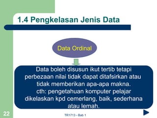 1.4 Pengkelasan Jenis Data


                  Data Ordinal


          Data boleh disusun ikut tertib tetapi
      perbezaan nilai tidak dapat ditafsirkan atau
          tidak memberikan apa-apa makna.
          cth: pengetahuan komputer pelajar
      dikelaskan kpd cemerlang, baik, sederhana
                      atau lemah.
22                  TR1713 - Bab 1
 