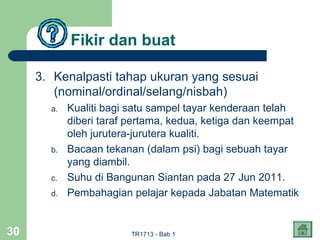 Fikir dan buat

     3. Kenalpasti tahap ukuran yang sesuai
        (nominal/ordinal/selang/nisbah)
       a.   Kualiti bagi satu sampel tayar kenderaan telah
            diberi taraf pertama, kedua, ketiga dan keempat
            oleh jurutera-jurutera kualiti.
       b.   Bacaan tekanan (dalam psi) bagi sebuah tayar
            yang diambil.
       c.   Suhu di Bangunan Siantan pada 27 Jun 2011.
       d.   Pembahagian pelajar kepada Jabatan Matematik


30                       TR1713 - Bab 1
 