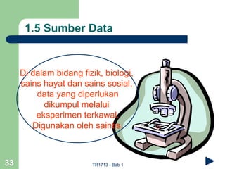 1.5 Sumber Data


     Di dalam bidang fizik, biologi,
     sains hayat dan sains sosial,
         data yang diperlukan
           dikumpul melalui
         eksperimen terkawal.
        Digunakan oleh saintis.



33                      TR1713 - Bab 1
 