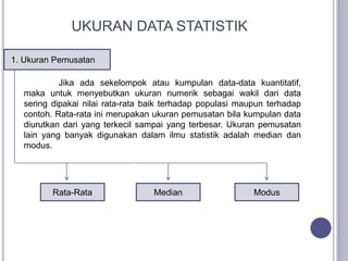 UKURAN DATA STATISTIK
1. Ukuran Pemusatan
Jika ada sekelompok atau kumpulan data-data kuantitatif,
maka untuk menyebutkan ukuran numerik sebagai wakil dari data
sering dipakai nilai rata-rata baik terhadap populasi maupun terhadap
contoh. Rata-rata ini merupakan ukuran pemusatan bila kumpulan data
diurutkan dari yang terkecil sampai yang terbesar. Ukuran pemusatan
lain yang banyak digunakan dalam ilmu statistik adalah median dan
modus.
Rata-Rata Median Modus
 