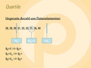 QuartileUngerade Anzahl von Datenelementen:28, 29, 30, 31, 33, 33, 35, 38, 40q2=z  q2=q1=zu q1=q3=zo q3=q2=zq3q1