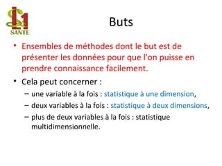 Buts
• Ensembles de méthodes dont le but est de
présenter les données pour que l'on puisse en
prendre connaissance facilement.
• Cela peut concerner :
– une variable à la fois : statistique à une dimension,
– deux variables à la fois : statistique à deux dimensions,
– plus de deux variables à la fois : statistique
multidimensionnelle.
 