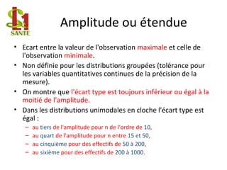 Amplitude ou étendue
• Ecart entre la valeur de l'observation maximale et celle de
l'observation minimale.
• Non définie pour les distributions groupées (tolérance pour
les variables quantitatives continues de la précision de la
mesure).
• On montre que l'écart type est toujours inférieur ou égal à la
moitié de l'amplitude.
• Dans les distributions unimodales en cloche l'écart type est
égal :
– au tiers de l'amplitude pour n de l'ordre de 10,
– au quart de l'amplitude pour n entre 15 et 50,
– au cinquième pour des effectifs de 50 à 200,
– au sixième pour des effectifs de 200 à 1000.
 