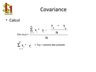 Covariance
• Calcul
Cov (x,y) =
N
Σi = 1
N
x * y -
i i
N
T * Tx y
i = 1
Σ
N
x * yi i
= Txy = somme des produits
 
