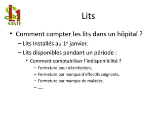 Lits
• Comment compter les lits dans un hôpital ?
– Lits Installés au 1er
janvier.
– Lits disponibles pendant un période :
• Comment comptabiliser l’indisponibilité ?
– Fermeture pour désinfection,
– Fermeture par manque d’effectifs soignants,
– Fermeture par manque de malades,
– …..
 