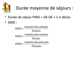 Durée moyenne de séjours :
• Durée de séjour PMSI = DS-DE + 1 si décès.
• DMS :
Présents
présentsdesJournées
DMS
Sorties
sortantsdesJournées
DSM
Entrées
entrantsdesJournées
DMS
=
=
=
 