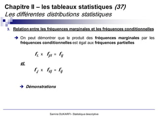 Chapitre II – les tableaux statistiques (37)
Les différentes distributions statistiques

3.   Relation entre les fréquences marginales et les fréquences conditionnelles

      On peut démontrer que le produit des fréquences marginales par les
       fréquences conditionnelles est égal aux fréquences partielles

                f i.   x   f j/i   =   f ij
        et
               f .j    x   f i/j   = f ij



         Démonstrations




                              Samira OUKARFI - Statistique descriptive
 