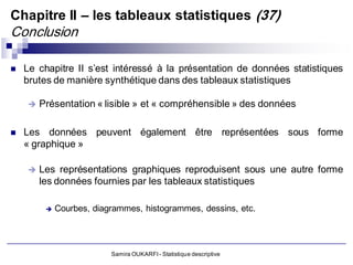 Chapitre II – les tableaux statistiques (37)
Conclusion

   Le chapitre II s’est intéressé à la présentation de données statistiques
    brutes de manière synthétique dans des tableaux statistiques

       Présentation « lisible » et « compréhensible » des données

   Les données peuvent également être représentées sous forme
    « graphique »

       Les représentations graphiques reproduisent sous une autre forme
        les données fournies par les tableaux statistiques

            Courbes, diagrammes, histogrammes, dessins, etc.




                          Samira OUKARFI - Statistique descriptive
 