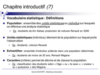 Chapitre introductif (7)

V.   Vocabulaire statistique : Définitions
 Population : ensemble des unités statistiques ou individus sur lesquels
     on effectue une analyse statistique
         Ex : étudiants de Aïn Sebaa; production de voitures Renault en 2000

 Unités statistiques (individus): élement de la population sur lequel porte
     l’observation
         Ex : étudiants; voitures Renault

 Echantillon : ensemble d’individus prélevés dans une population déterminée
         Ex : étudiants de moins de 20 ans; Renault Mégane

 Caractère (critère): permet de décrire et de classer la population
         Ex : classification des étudiants selon « l’âge » ou « le sexe »; « couleur »
          ou « puissance » des Megane,
                            Samira OUKARFI - Statistique descriptive
 
