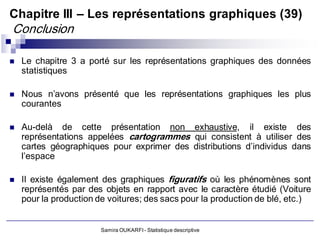 Chapitre III – Les représentations graphiques (39)
Conclusion

   Le chapitre 3 a porté sur les représentations graphiques des données
    statistiques

   Nous n’avons présenté que les représentations graphiques les plus
    courantes

   Au-delà de cette présentation non exhaustive, il existe des
    représentations appelées cartogrammes qui consistent à utiliser des
    cartes géographiques pour exprimer des distributions d’individus dans
    l’espace

   Il existe également des graphiques figuratifs où les phénomènes sont
    représentés par des objets en rapport avec le caractère étudié (Voiture
    pour la production de voitures; des sacs pour la production de blé, etc.)


                        Samira OUKARFI - Statistique descriptive
 