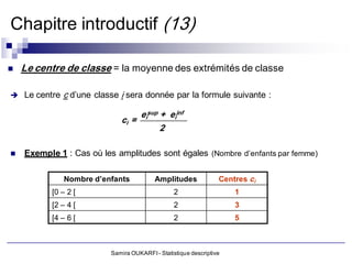 Chapitre introductif (13)

   Le centre de classe = la moyenne des extrémités de classe

 Le centre   c d’une classe i sera donnée par la formule suivante :

                                  eisup + eiinf
                             ci =
                                        2

   Exemple 1 : Cas où les amplitudes sont égales (Nombre d’enfants par femme)

              Nombre d’enfants            Amplitudes             Centres ci
          [0 – 2 [                               2                   1
          [2 – 4 [                               2                   3
          [4 – 6 [                               2                   5



                          Samira OUKARFI - Statistique descriptive
 