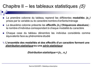 Chapitre II – les tableaux statistiques (5)

   La première colonne du tableau reprend les différentes modalités (xi )
    prises par la variable ou le caractère nombre d’enfants/ménage
   La deuxième colonne présente les effectifs (ni ) (fréquences absolues) :
    le nombre d’individus correspondant à chaque modalité du caractère
   Chaque case du tableau dénombre les individus considérés comme
    équivalents face au phénomène étudié

 L’ensemble des modalités et des effectifs d’un caractère forment une
    distribution statistique ou une série statistique

                      Distribution statistique = {xi , ni }



                        Samira OUKARFI - Statistique descriptive
 