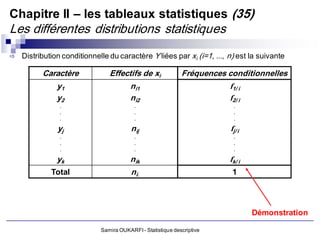 Chapitre II – les tableaux statistiques (35)
Les différentes distributions statistiques
   Distribution conditionnelle du caractère Y liées par xi (i=1, ..., n) est la suivante

          Caractère             Effectifs de xi              Fréquences conditionnelles
               y1                       ni1                             f1/ i
               y2                       ni2                             f2/ i
                .                         .                                .
                .                         .                                .
                .                         .                                .

               yj                        nij                             fj/ i
                .                         .                                .
                .                         .                                .
                .                         .                                .

               yk                       nik                             fk/ i
             Total                       ni.                              1




                                                                                 Démonstration

                             Samira OUKARFI - Statistique descriptive
 