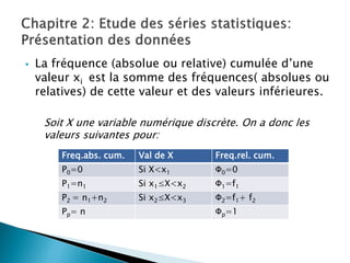   La fréquence (absolue ou relative) cumulée d’une
    valeur xi est la somme des fréquences( absolues ou
    relatives) de cette valeur et des valeurs inférieures.

     Soit X une variable numérique discrète. On a donc les
     valeurs suivantes pour:
        Freq.abs. cum.   Val de X      Freq.rel. cum.
        Ρ0=0             Si X<x1       Φ0=0
        Ρ1=n1            Si x1≤X<x2    Φ1=f1
        Ρ2 = n1+n2       Si x2≤X<x3    Φ2=f1+ f2
        Ρp = n                         Φp=1
 