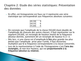    En effet, cet histogramme est faux car il représente une série
    statistique qui correspondrait aux fréquences absolues suivantes:

                          [45,50[   9
                          [50,55[   6
                          [55,60[   6

   On constate que l’amplitude de la classe [50,60[ étant double de
    l’amplitude de chacune des autres classes, il faut représenter sur le
    segment [50,60[, un rectangle de hauteur moitié de la fréquence
    absolue donnée, autrement dit un rectangle de hauteur 6/2=3.
   Dés lors, si une classe est d’amplitude k fois plus grande (ou plus
    petite) que l’amplitude prise pour l’unité, il faut diviser(ou
    multiplier) par k la fréquence correspondante à la classe concernée.
   Lors de la représentation à l’aide de l’histogramme c’est l’aire des
    rectangles, et non leur hauteur, qui est proportionnelle à la
    fréquence (absolue ou relative).
 