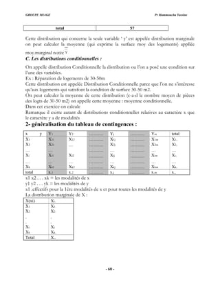 GROUPE MIAGE Pr Hammoucha Yassine
total 57
Cette distribution qui concerne la seule variable ‘ y’ est appelée distribution marginale
on peut calculer la moyenne (qui exprime la surface moy des logements) appllée
moy.marginal notée
C. Les distributions conditionnelles :
On appelle distribution Conditionnelle la distribution ou l’on a posé une condition sur
l’une des variables.
lles relatives au caractère x que
Ex : Réparation de logements de 30-50m
Cette distribution est appelée Distribution Conditionnelle parce que l’on ne s’intéresse
qu’aux logements qui satisfont la condition de surface 30-50 m2.
On peut calculer la moyenne de cette distribution (c-a-d le nombre moyen de pièces
des logts de 30-50 m2) on appelle cette moyenne : moyenne conditionnelle.
Dans cet exercice on calcule
ns conditionne
Remarque il existe autant de distributio
le caractère y a de modalités
2- généralisation du tableau de contingences :
x y Y1 Y2 ………. Yj ………. Ym total
X X X
11 12 ………. X1j
1 ………. X1m X1.
X2 X21 … ………. X2j ………. X2m X2.
… … ………. … ………. … …
Xi Xi1 Xi2 ………. Xij ………. Xim Xi.
… … … ………. … ………. … …
Xk Xk1 Xk2 ………. Xkj ………. Xkm Xk.
total x.1 x.2 ………. x.j ………. x.m x..
x1 x2 . . . xk = les modalités de x
1 y2 . . . yk = les modalités de y
y
x1 .effectifs pour la 1ére modalités de x et pour toutes les modalités de y
La distribution marginale de X :
X(xi) Xi.
X1 X1.
X2 X2.
. .
. .
Xi Xi.
Xk Xk.
Total X..
- 60 -
 