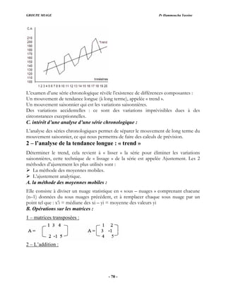 GROUPE MIAGE Pr Hammoucha Yassine
L’examen d’une série chronologique révèle l’existence de différences composantes :
Un mouvement de tendance longue (à long terme), appelée « trend ».
Un mouvement saisonnier qui est les variations saisonnières.
:
s variations
ge » de la série est appelée Ajustement. Les 2
stement les plus utilisés sont :
A. la méthode des moyennes mobiles :
1
Des variations accidentelles : ce sont des variations imprévisibles dues à des
circonstances exceptionnelles.
C. intérêt d’une analyse d’une série chronologique
L’analyse des séries chronologiques permet de séparer le mouvement de long terme du
mouvement saisonnier, ce qui nous permettra de faire des calculs de prévision.
2 – l’analyse de la tendance longue : « trend »
Déterminer le trend, cela revient à «
saisonnières, cette technique de « lissa
lisser » la série pour éliminer le
méthodes d’aju
La méthode des moyennes mobiles.
L’ajustement analytique.
Elle consiste à diviser un nuage statistique en « sous – nuages » comprenant chacune
(n–1) données du sous nuages précédent, et à remplacer chaque sous nuage par un
point tel que : x’i = médiane des xi – yi = moyenne des valeurs yi
B. Opérations sur les matrices :
– matrices transposées :
2 – L’addition :
- 70 -
 