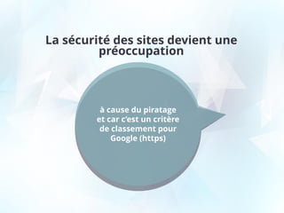 La sécurité des sites devient une
préoccupation
à cause du piratage
et car c’est un critère
de classement pour
Google (https)
 