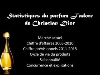 Statistiques du parfum J’adore
      de Christian Dior

              Marché actuel
       Chiffre d’affaires 2005-2010
     Chiffre prévisionnels 2011-2015
         Cycle de vie du produits
               Saisonnalité
       Concurrence et explications
 