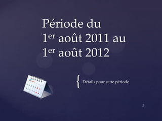 Période du
1 er août 2011 au

1 er août 2012



      {   Détails pour cette période
 