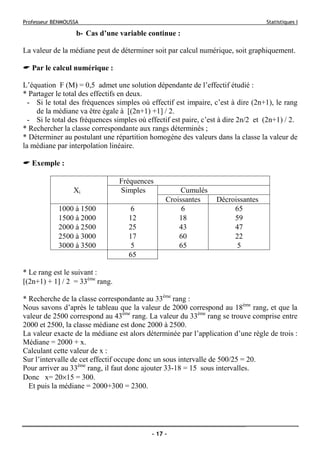 Professeur BENMOUSSA Statistiques I
- 17 -
b- Cas d’une variable continue :
La valeur de la médiane peut de déterminer soit par calcul numérique, soit graphiquement.
Par le calcul numérique :
L’équation F (M) = 0,5 admet une solution dépendante de l’effectif étudié :
* Partager le total des effectifs en deux.
- Si le total des fréquences simples où effectif est impaire, c’est à dire (2n+1), le rang
de la médiane va être égale à [(2n+1) +1] / 2.
- Si le total des fréquences simples où effectif est paire, c’est à dire 2n/2 et (2n+1) / 2.
* Rechercher la classe correspondante aux rangs déterminés ;
* Déterminer au postulant une répartition homogène des valeurs dans la classe la valeur de
la médiane par interpolation linéaire.
Exemple :
Fréquences
Xi Simples Cumulés
Croissantes Décroissantes
1000 à 1500 6 6 65
1500 à 2000 12 18 59
2000 à 2500 25 43 47
2500 à 3000 17 60 22
3000 à 3500 5 65 5
65
* Le rang est le suivant :
[(2n+1) + 1] / 2 = 33ème
rang.
* Recherche de la classe correspondante au 33ème
rang :
Nous savons d’après le tableau que la valeur de 2000 correspond au 18ème
rang, et que la
valeur de 2500 correspond au 43ème
rang. La valeur du 33ème
rang se trouve comprise entre
2000 et 2500, la classe médiane est donc 2000 à 2500.
La valeur exacte de la médiane est alors déterminée par l’application d’une règle de trois :
Médiane = 2000 + x.
Calculant cette valeur de x :
Sur l’intervalle de cet effectif occupe donc un sous intervalle de 500/25 = 20.
Pour arriver au 33ème
rang, il faut donc ajouter 33-18 = 15 sous intervalles.
Donc x= 20×15 = 300.
Et puis la médiane = 2000+300 = 2300.
 