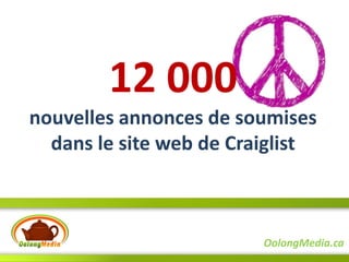 12 000
nouvelles annonces de soumises
  dans le site web de Craiglist



                         OolongMedia.ca
 