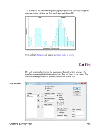 The example of juxtaposed histograms displayed below was specified using Conc
as the dependent variable and State as the categorical variable.
Click on the Settings icon to change the titles, fonts, or colors.
Dot Plot
Dot plots graphically represent the means or medians of several samples. They
usually convey quantitative information better than bar charts or pie charts. You
can also use this procedure to plot one-dimensional scatter plots.
Specification
Chapter 5, Summary Plots 105
 