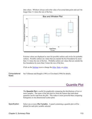 data values. Whiskers always end at the value of an actual data point and can’t be
longer than 1½ times the size of the box.
Extreme values are displayed as stars for possible outliers and circles for probable
outliers. Possible outliers are values that are outside the box boundaries by more
than 1½ times the size of the box. Probable outliers are values that are outside the
box boundaries by more than 3 times the size of the box.
Click on the Settings icon to change the titles, fonts, or colors.
Computational
Notes
See Velleman and Hoaglin (1981) or Cleveland (1994) for details.
Quantile Plot
The Quantile Plot is useful for graphically comparing the distributions of two or
more samples. The name of the plot derives from the feature that individual
quantiles can be read from the plot. This makes it more powerful than comparing
histograms or one-dimensional scatter plots.
Specification Select one or more Plot Variables. A panel containing a quantile plot will be
plotted for each plot variable selected.
Chapter 5, Summary Plots 113
 