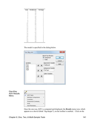 Case FatAbsorb FatType
1 64 1
2 72 1
3 68 1
4 77 1
5 56 1
6 95 1
7 78 2
8 91 2
9 97 2
10 82 2
11 85 2
12 77 2
13 75 3
14 93 3
15 78 3
16 71 3
17 63 3
18 76 3
19 55 4
20 66 4
21 49 4
22 64 4
23 70 4
24 68 4
The model is specified in the dialog below.
One-Way
AOV Results
Menu
Once the one-way AOV is computed and displayed, the Results menu icon, which
appears as a shovel (think “dig-deeper”), on the toolbar is enabled. Click on the
Chapter 6, One, Two, & Multi-Sample Tests 141
 