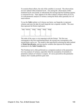 Case Control Fung1 Fung2 Fung3 Fung4
1 8 2 4 3 9
2 10 6 10 5 7
3 12 7 9 9 5
4 13 11 8 10 5
5 11 5 10 6 3
To examine block effects, the role of the variables is reversed. The observations
are now ranked within treatment levels. Ties among the observations within
treatment levels were found, as indicated by the message that the Friedman statistic
is corrected for ties. There appears to be little evidence of block effects (0.2573).
As with parametric analysis of variance, testing the block effect generally isn’t of
much interest.
To use the Table method, we’d choose one factor, say fungicide, to represent
columns and enter the data for each fungicide into a separate variable. The cases
then represent the blocks (replicates).
The order of the cases is very important with this format. The first case
corresponds to the first experimental block, the second case corresponds to the
second block, and so on. The model is then specified by selecting the table method
of Model Specification, and moving the variables that represent the fungicide
treatments to the Table Variables box.
The Friedman test is often performed as a companion analysis to the parametric
two-way analysis of variance, especially when the assumption of normality in
parametric analysis of variance is suspect. It’s not as powerful as the parametric
analysis, but it usually performs quite well.
Chapter 6, One, Two, & Multi-Sample Tests 149
 