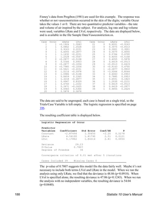 Logistic Regression of Occur
Predictor
Variables Coefficient Std Error Coef/SE P
Constant -2.87494 1.30650 -2.20 0.0278
LRate 4.56100 1.81790 2.51 0.0121
LVol 5.17862 1.84314 2.81 0.0050
Deviance 29.23
P-Value 0.7807
Degrees of Freedom 36
Convergence criterion of 0.01 met after 5 iterations
Cases Included 39 Missing Cases 0
Finney’s data from Pregibon (1981) are used for this example. The response was
whether or not vasoconstriction occurred in the skin of the digits; variable Occur
takes the values 1 or 0. There are two quantitative predictor variables—the rate
and volume of air inspired by the subject. For analysis, log rate and log volume
were used, variables LRate and LVol, respectively. The data are displayed below,
and is available in the file Sample DataVasoconstriction.sx.
The data are said to be ungrouped; each case is based on a single trial, so the
Trials/Case Variable is left empty. The logistic regression is specified on page
186.
The resulting coefficient table is displayed below.
The p-value of 0.7807 suggests this model fits the data fairly well. Maybe it’s not
necessary to include both terms LVol and LRate in the model. When we run the
analysis using only LRate, we find that the deviance is 48.86 (p=0.0918). When
LVol is specified alone, the resulting deviance is 47.06 (p=0.1243). When we run
the analysis with no independent variables, the resulting deviance is 54.04
(p=0.0440).
Case Occur LRate LVol
1 1 -0.1924 1.3083
2 1 0.0862 1.2528
3 1 0.9163 0.2231
4 1 0.4055 -0.2877
5 1 1.1632 -0.2231
6 1 1.2528 -0.3567
7 0 -0.2877 -0.5108
8 0 0.5306 0.0953
9 0 -0.2877 -0.1054
10 0 -0.7985 -0.1054
11 0 -0.5621 -0.2231
12 0 1.0116 -0.5978
13 0 1.0986 -0.5108
14 1 0.8459 0.3365
15 1 1.3218 -0.2877
16 1 0.4947 0.8329
17 1 0.4700 1.1632
18 1 0.3471 -0.1625
19 0 0.0583 0.5306
20 1 0.5878 0.5878
Case Occur LRate LVol
21 0 0.6931 -0.9163
22 0 0.3075 -0.0513
23 0 0.3001 0.3001
24 0 0.3075 0.4055
25 1 0.5766 0.4700
26 0 0.4055 -0.5108
27 1 0.4055 0.5878
28 0 0.6419 -0.0513
29 1 -0.0513 0.6419
30 0 -0.9163 0.4700
31 1 -0.2877 0.9933
32 0 -3.5066 0.8544
33 0 0.6043 0.0953
34 1 0.7885 0.0953
35 1 0.6931 0.1823
36 1 1.2030 -0.2231
37 0 0.6419 -0.0513
38 0 0.6419 -0.2877
39 1 0.4855 0.2624
188 Statistix 10 User’s Manual
 