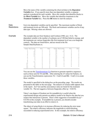 Case Failures Trt Blk
1 8 1 1
2 10 1 2
3 12 1 3
4 13 1 4
5 11 1 5
6 2 2 1
7 6 2 2
8 7 2 3
9 11 2 4
10 5 2 5
11 4 3 1
12 10 3 2
13 9 3 3
Case Failures Trt Blk
14 8 3 4
15 10 3 5
16 3 4 1
17 5 4 2
18 9 4 3
19 10 4 4
20 6 4 5
21 9 5 1
22 7 5 2
23 5 5 3
24 5 5 4
25 3 5 5
Move the name of the variable containing the observed data to the Dependent
Variables box. If you specify more than one dependent variable, a separate
analysis is produced for each variable. Move the variable that identifies blocks to
the Block Variable box. Move the variable that identifies treatments to the
Treatment Variable box. Press the OK button to start the analysis.
Data
Restrictions
Up to ten dependent variables can be specified. The maximum number of block
and treatment levels are 500 each. The block and treatment variables can be of any
data type. Missing values are allowed.
Example The example data are from Snedecor and Cochran (1980, sect. 14.2). The
dependent variable is the number of soybeans out of 100 that failed to emerge, and
the treatments are various fungicides (the first treatment level was a no-fungicide
control). The data are listed below, and are stored in the file
Sample DataSoybeans.sx.
You can use the Transformations Cat function to generate repetitive sequences,
such as those seen for Trt and Blk. After entering the 25 values for Failures, we
can use the Transformation expressions Trt = Cat(5,5) and Blk = Cat(5,1) to create
these variables.
The model is specified in the dialog box on the preceding page. The results are
presented in the table on the next page. The analysis of variance table appears first
in the report. An F test and the associated p-value are listed for the treatment
variable Trt. The test suggests a between-fungicides effect (p = 0.0219).
Tukey’s one degree of freedom test for nonadditivity is useful when the
experimental design only permits an additive model to be fitted to the data but you
suspect that interaction is present. There’s little suggestion of nonadditivity (p =
0.6150) in this example. If nonadditivity is present, you should consider
transforming your data in an effort to remove it.
The object of using blocks is to increase efficiency by reducing the error mean
square. The relative efficiency indicates the magnitude to which blocking
succeeded in reducing experimental error. In this example, the relative efficiency
214 Statistix 10 User’s Manual
 
